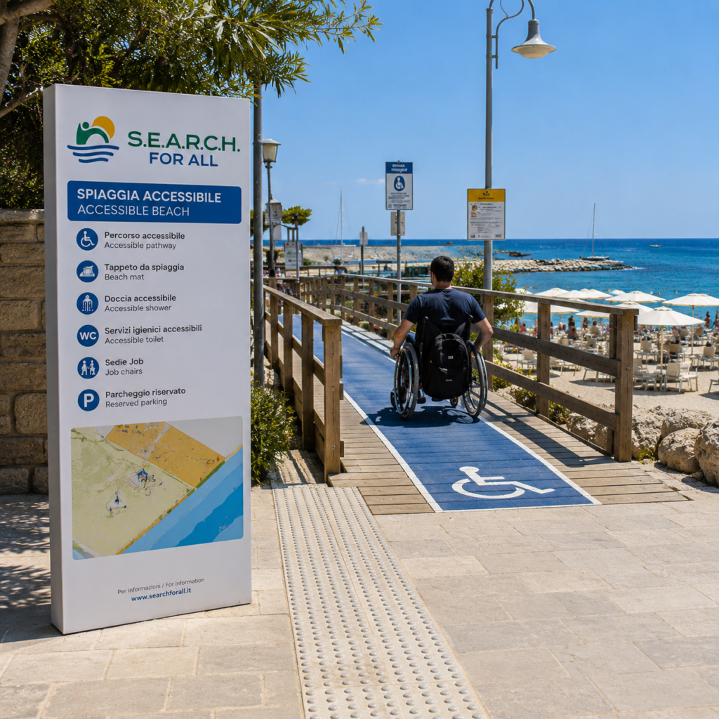 Percorso accessibile con segnaletica tattile e passerella per sedie a rotelle in una spiaggia pugliese