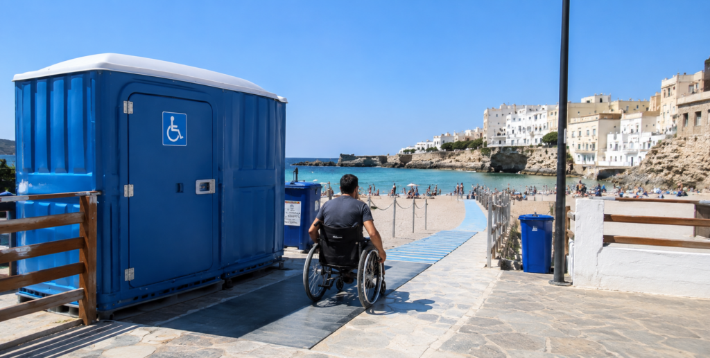 Persona in sedia a rotelle raggiunge un bagno accessibile installato vicino a una spiaggia pugliese.