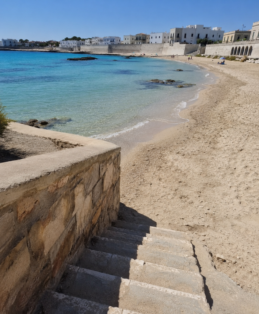Scalini di accesso a una spiaggia pugliese senza percorso alternativo per sedie a rotelle