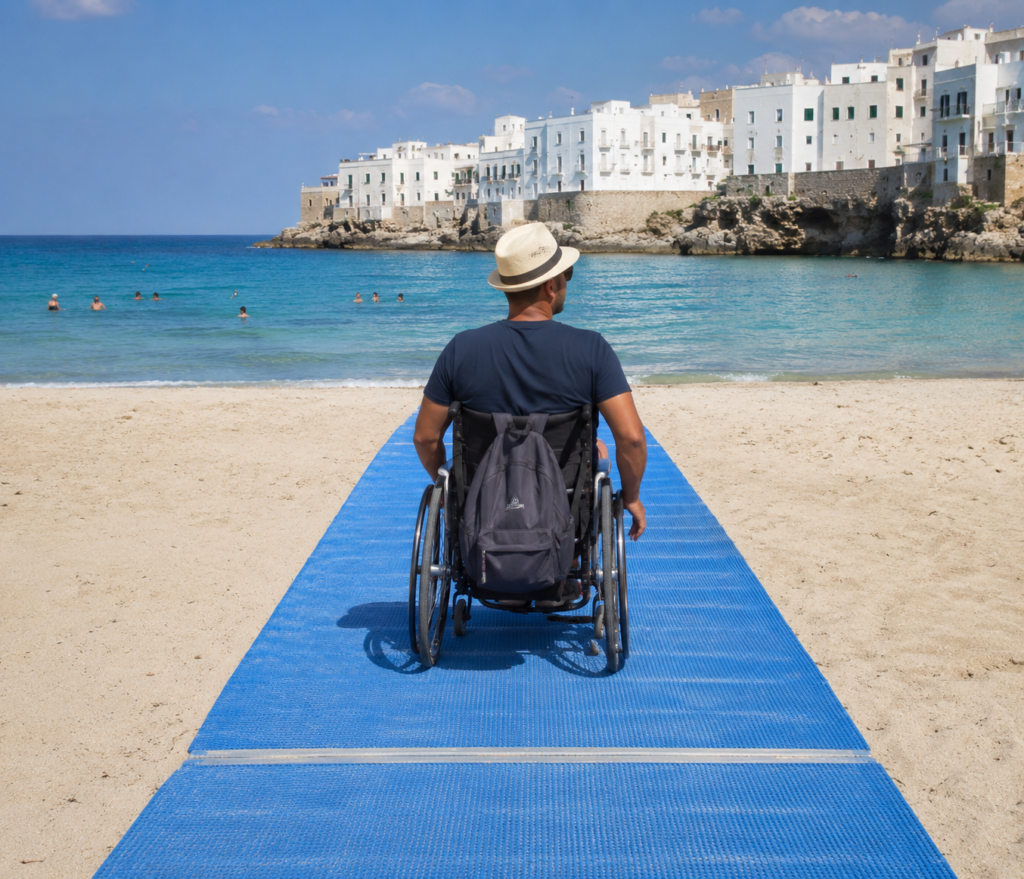 Turista con disabilità motoria che utilizza il tappeto accessibile per raggiungere il mare