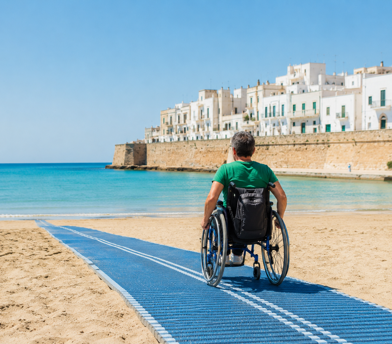 uomo in sedia a rotelle su un tappeto ecosostenibile su una spiaggia
